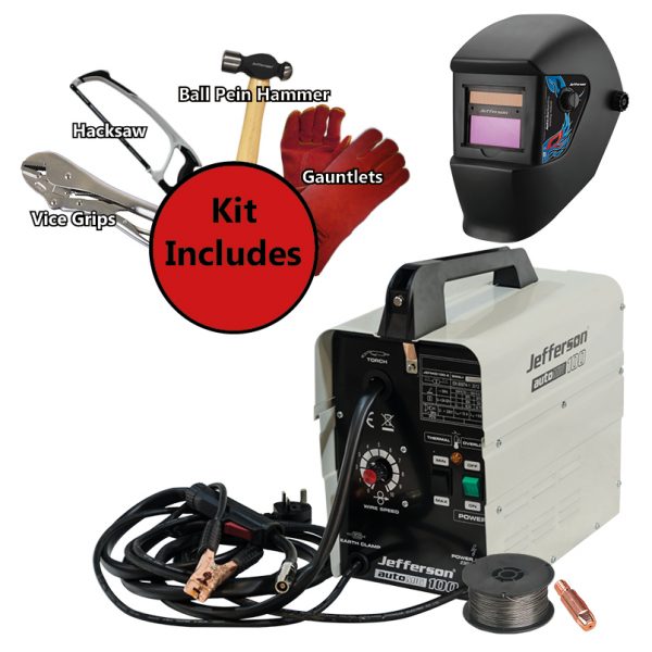 |Jefferson 100amp Gasless MIG Welder 230v + 4 Piece Kit + Welding helmet Gauntlet